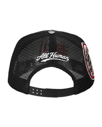 All Human King V2 Trucker Hat Black, mesh back and snapback strap, back view