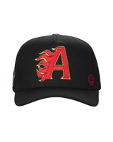 All Human King V2 Trucker Hat Black, black mesh trucker with a red flaming A applique, front view