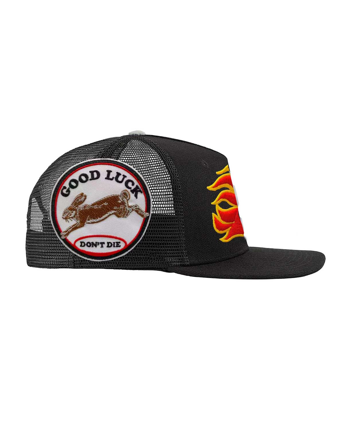 All Human King V2 Trucker Hat Black, close-up of the embroidered side panel