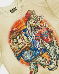 All Human Lefrak Tee Cream, close-up of the airbrushed cartoon print