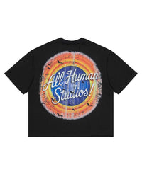 All Human Like Mike Tee Black, back view with All Human Studios script in a sunburst roundel