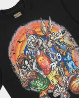 All Human Like Mike Tee Black, close-up of the airbrushed basketball print
