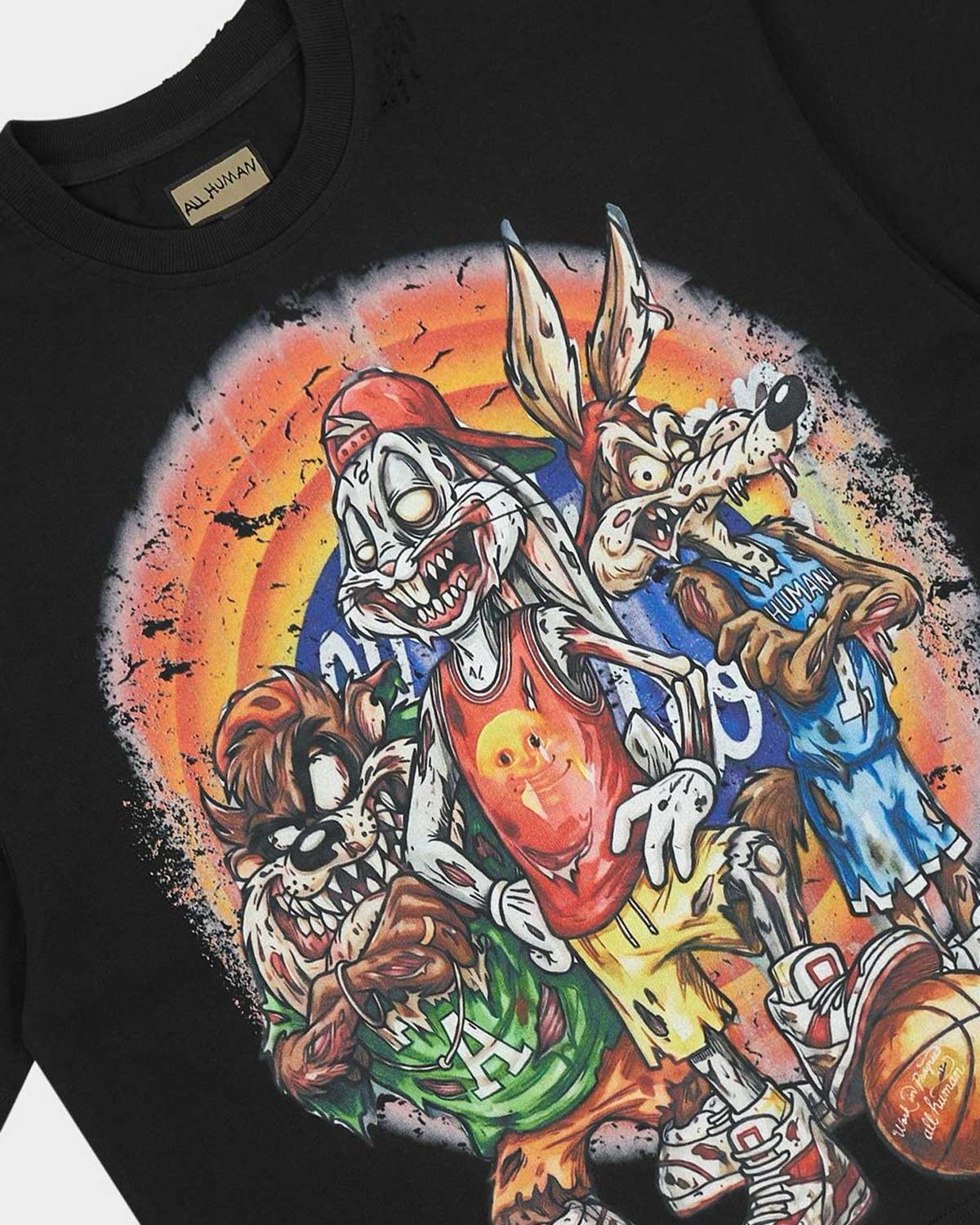 All Human Like Mike Tee Black, close-up of the airbrushed basketball print