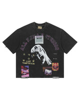 All Human Lithium Tee black wash, faded boxy tee with portrait graphic and polaroid patches, front view