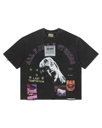 All Human Lithium Tee black wash, faded boxy tee with portrait graphic and polaroid patches, front view