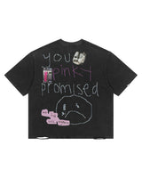 All Human Lithium Tee black wash, back view with scrawled you promised handwriting and sad face
