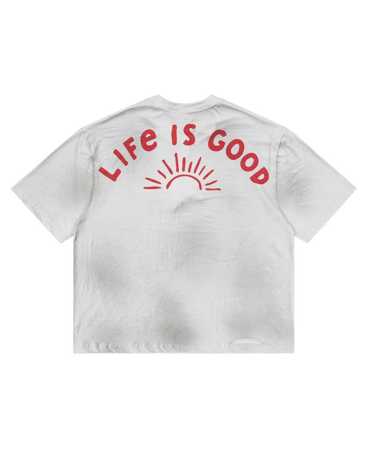 All Human Love Me, Hate Me Tee White, back view with LIFE IS GOOD arched over a red sunrise