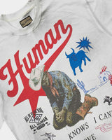 All Human Love Me, Hate Me Tee White, close-up of the cowboy print
