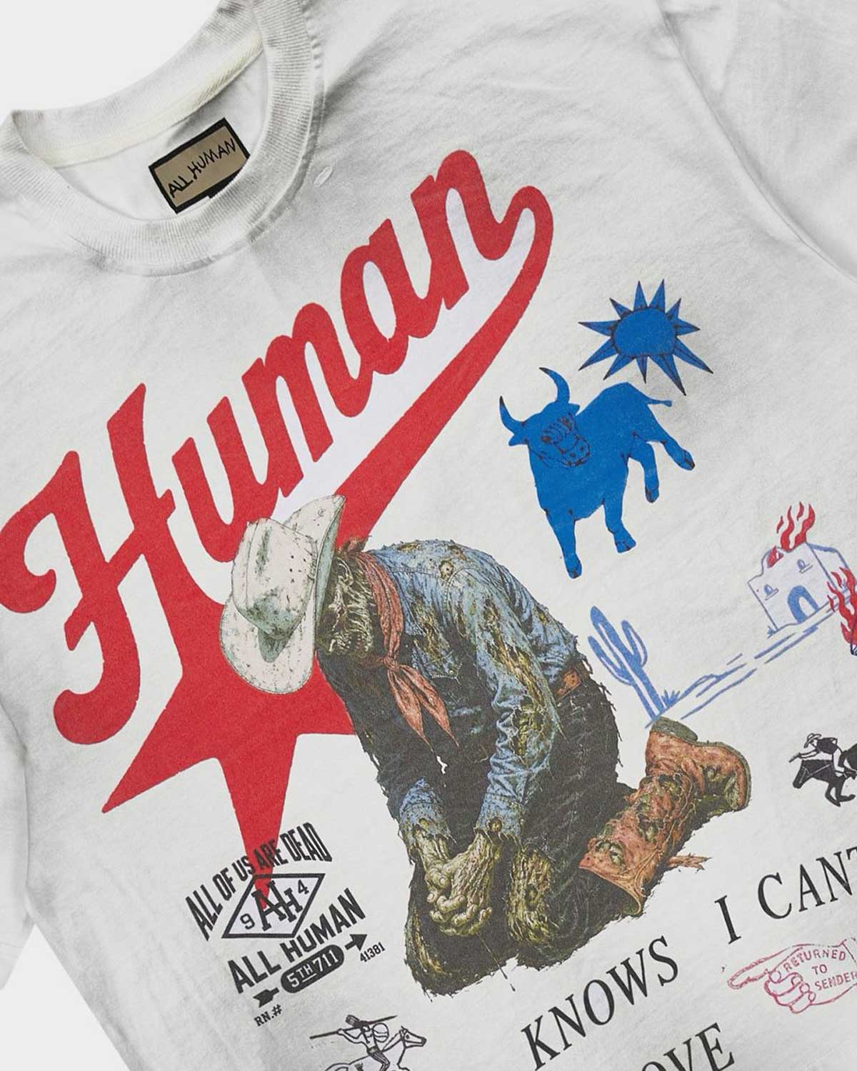 All Human Love Me, Hate Me Tee White, close-up of the cowboy print