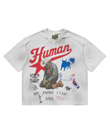 All Human Love Me, Hate Me Tee White, washed white tee with a red Human script and kneeling cowboy graphic, front view