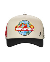 All Human Manson V2 Trucker Hat Cream/Black, cream trucker with a black brim and flaming globe allhuman patch, front view
