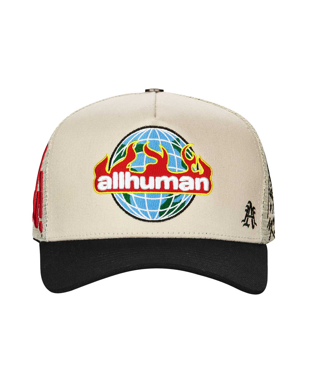 All Human Manson V2 Trucker Hat Cream/Black, cream trucker with a black brim and flaming globe allhuman patch, front view