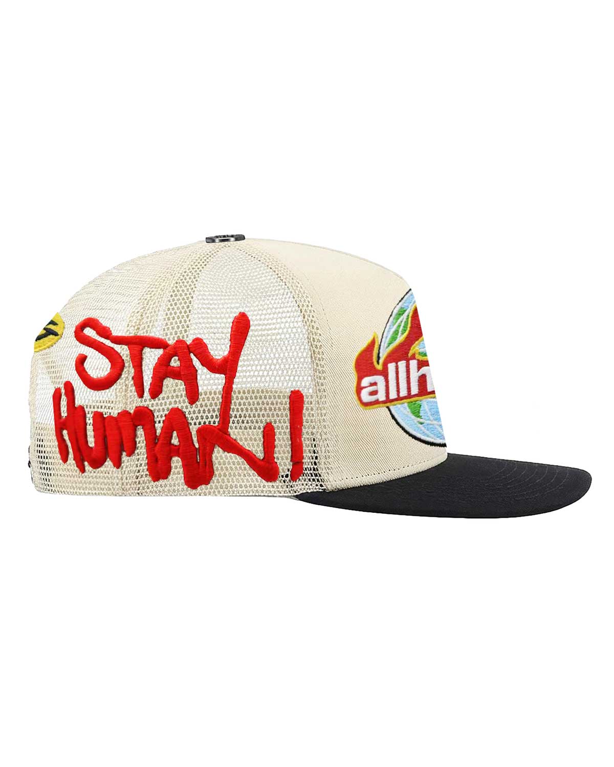 All Human Manson V2 Trucker Hat Cream/Black, close-up of the opposite embroidered side panel