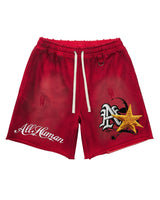 All Human Mars Shorts red, faded sweat shorts with an old-English A, gold star and planet graphic, front view