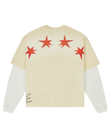 All Human Maybe Tomorrow V3 L/S Tee cream and white, back view with row of red stars across the shoulders