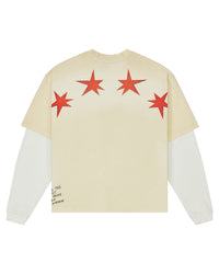 All Human Maybe Tomorrow V3 L/S Tee cream and white, back view with row of red stars across the shoulders