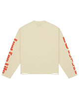 All Human No Future L/S Tee cream, back view with red lettering down the sleeves