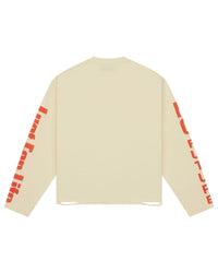 All Human No Future L/S Tee cream, back view with red lettering down the sleeves