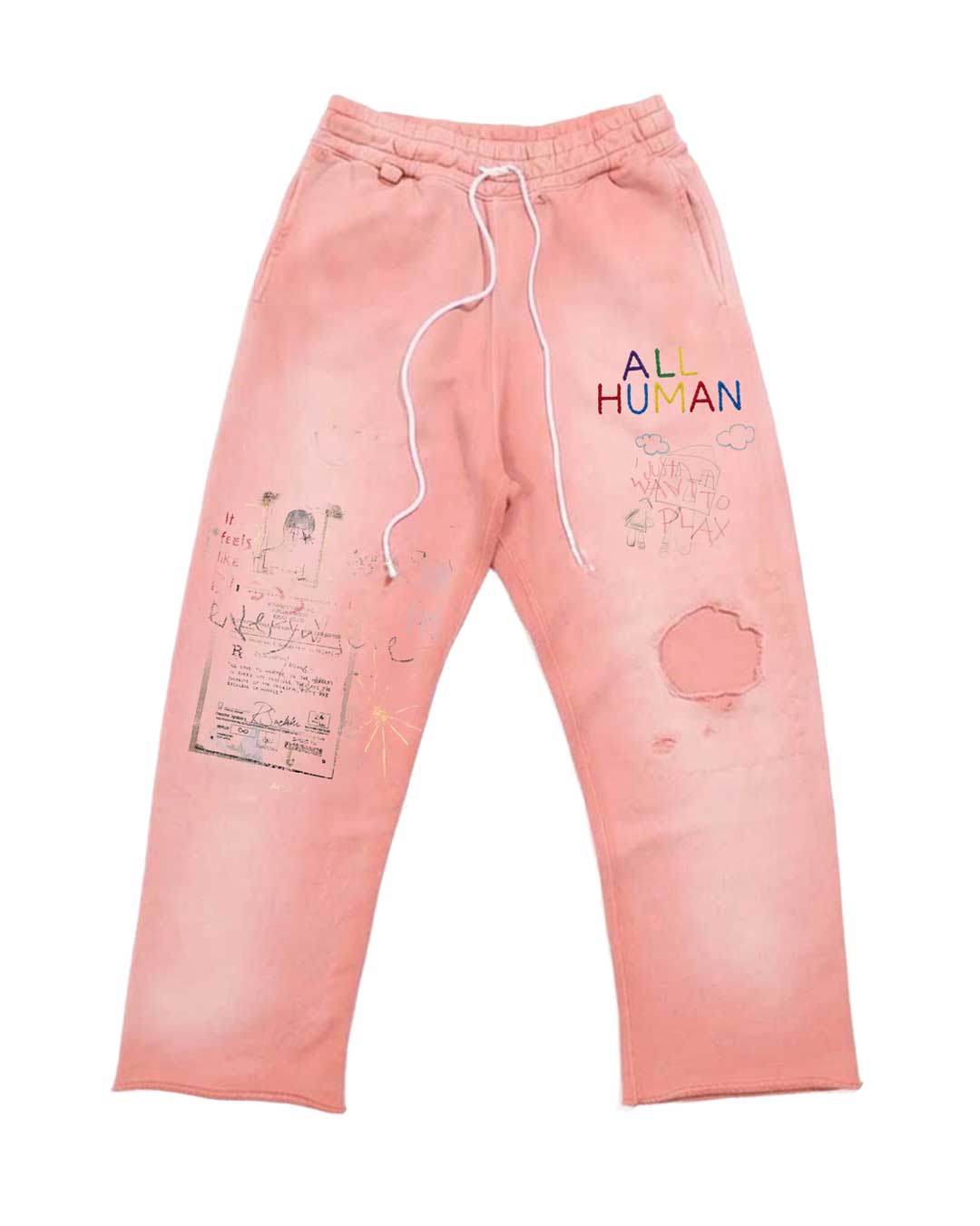 All Human Rehab Sweatpants pink wash, faded pink cotton fleece pants with multicolor ALL HUMAN lettering and crayon drawing prints, front view