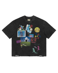 All Human Requiem For A Dream Tee black, washed cotton tee with a dreamworld collage of pill-shaped balloons and a smiling sun, front view