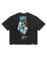 All Human Requiem For A Dream Tee black, back view showing a bouquet of pill-shaped balloons over burning houses with Work in Progress script