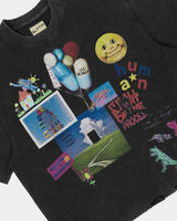 All Human Requiem For A Dream Tee black, close-up of the front collage graphic and WELCOME TO THE DREAMWORLD sticker