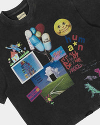 All Human Requiem For A Dream Tee black, close-up of the front collage graphic and WELCOME TO THE DREAMWORLD sticker