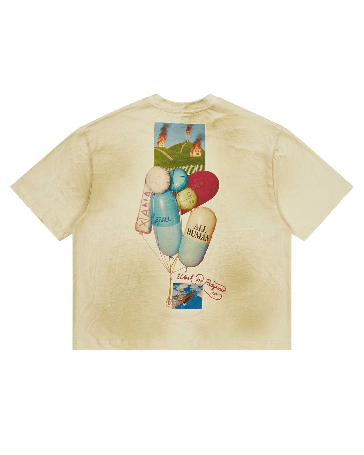 All Human Requiem For A Dream Tee Cream, back view with pill-shaped balloons and Work in Progress script