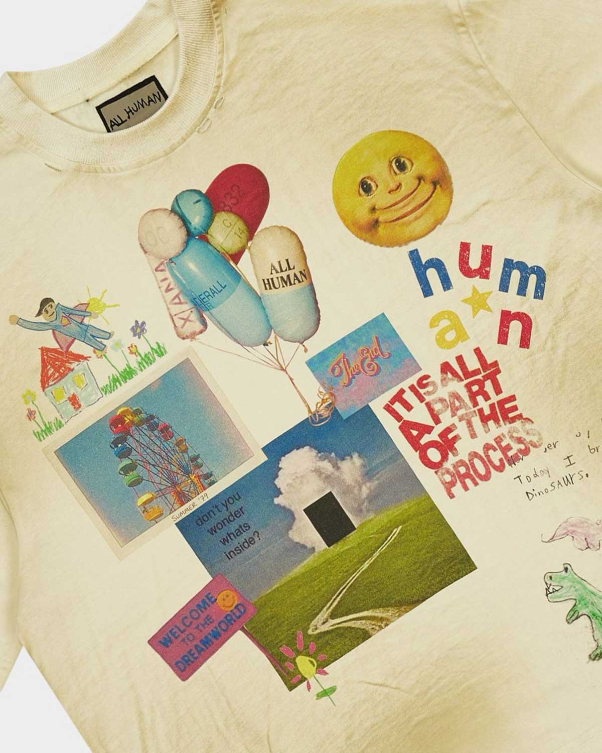 All Human Requiem For A Dream Tee Cream, close-up of the collage print