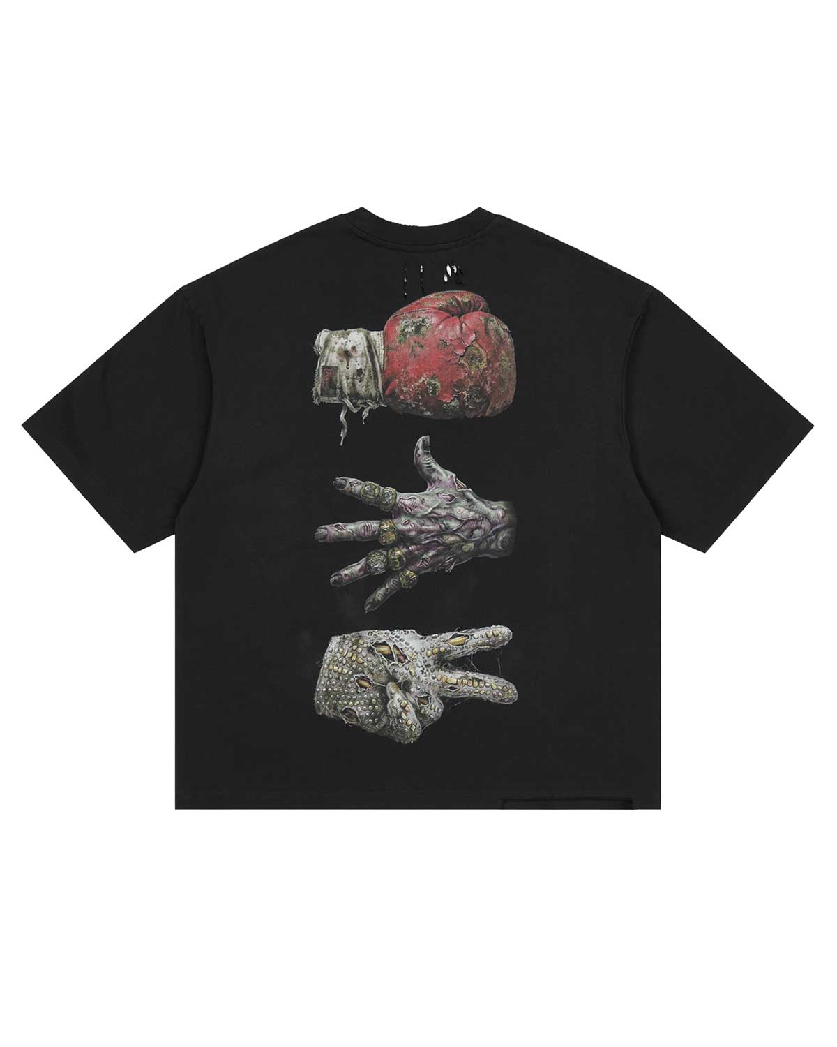 All Human See You Soon V2 Tee Black, back view with a boxing glove and gloved hands print
