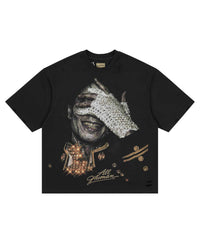 All Human See You Soon V2 Tee Black, black tee with a crystal-studded glove shielding a sepia portrait, front view