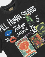 All Human Shinjuku Tee Black, close-up of the scrawled lettering and pasted posters