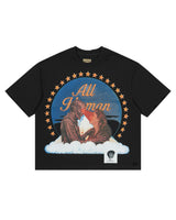 All Human Spahn Ranch Tee black, star-bordered medallion photo print with gold All Human script, front view