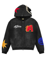 All Human Spit Fire V2 Sweatsuit black wash, zip hoodie front with flame A patch and sleeve appliqués