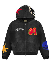 All Human Spit Fire V2 Sweatsuit black wash, zip hoodie front with flame A patch and sleeve appliqués