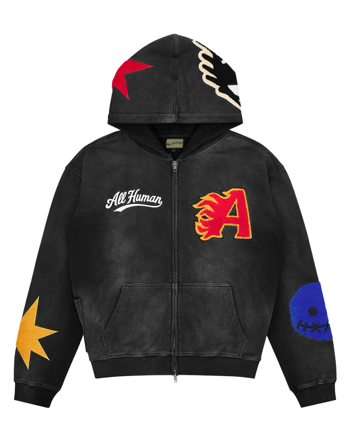 All Human Spit Fire V2 Sweatsuit black wash, zip hoodie front with flame A patch and sleeve appliqués