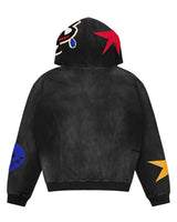 All Human Spit Fire V2 Sweatsuit black wash, hoodie back view with star and smiley hood graphics