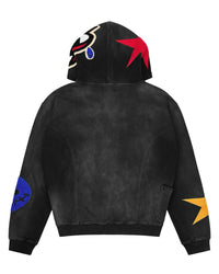 All Human Spit Fire V2 Sweatsuit black wash, hoodie back view with star and smiley hood graphics