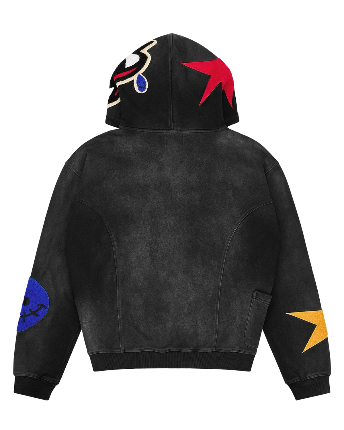 All Human Spit Fire V2 Sweatsuit black wash, hoodie back view with star and smiley hood graphics
