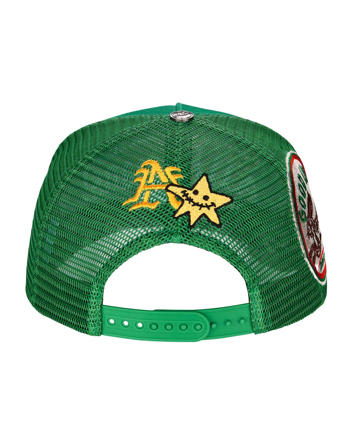 All Human Sunny V2 Trucker Hat Green, mesh back and snapback strap, back view