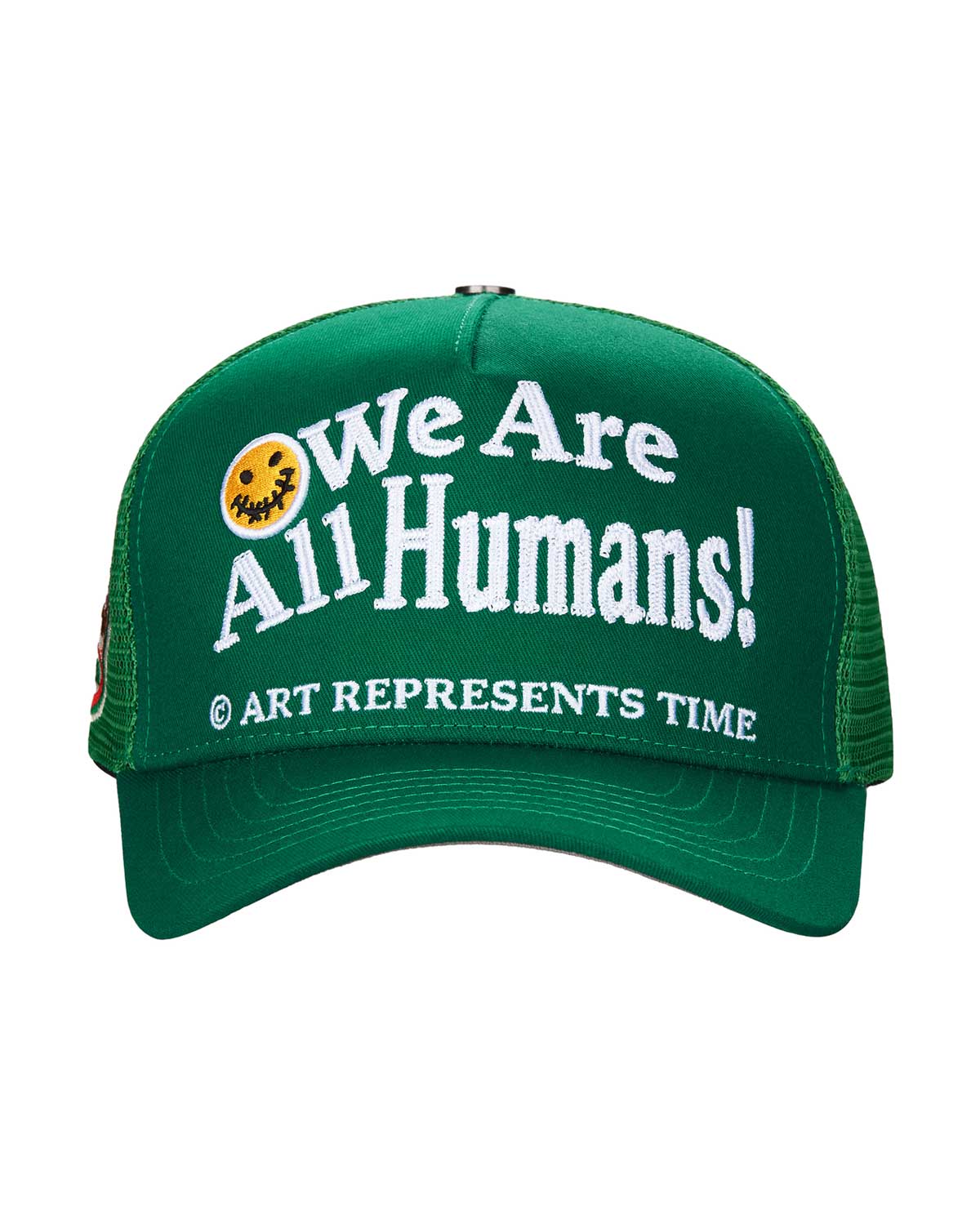 All Human Sunny V2 Trucker Hat Green, green mesh trucker with We Are All Humans and a yellow smiley, front view