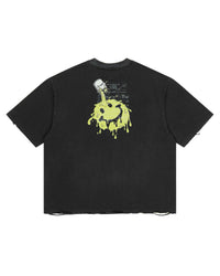 All Human Terapia Tee black, green dripping smiley face graphic, back view