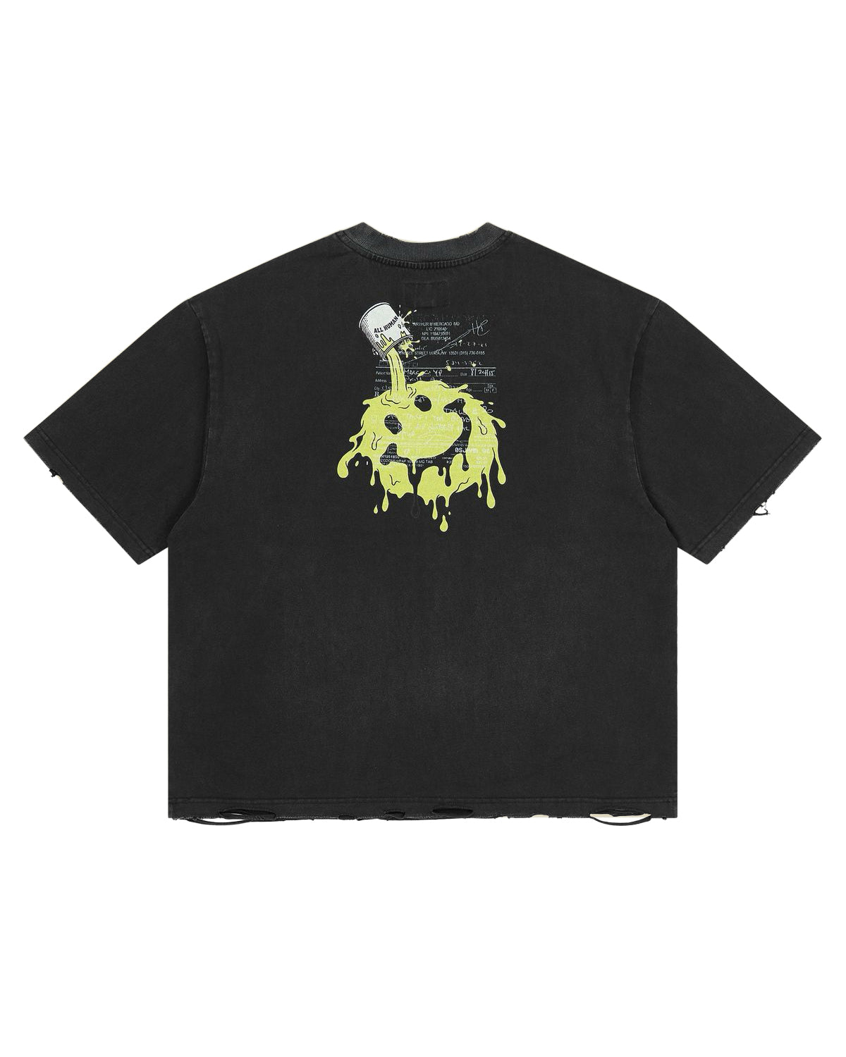 All Human Terapia Tee black, green dripping smiley face graphic, back view