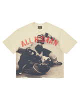 All Human The Fade Tee cream, boxy tee with red All Human lettering and vintage football photo, front view