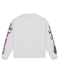 All Human The Gathering L/S Tee white, back view with purple and blue sleeve artwork
