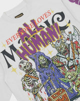 All Human The Gathering L/S Tee white, close-up of the Everyone Loves Magic crew graphic