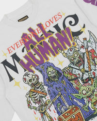 All Human The Gathering L/S Tee white, close-up of the Everyone Loves Magic crew graphic