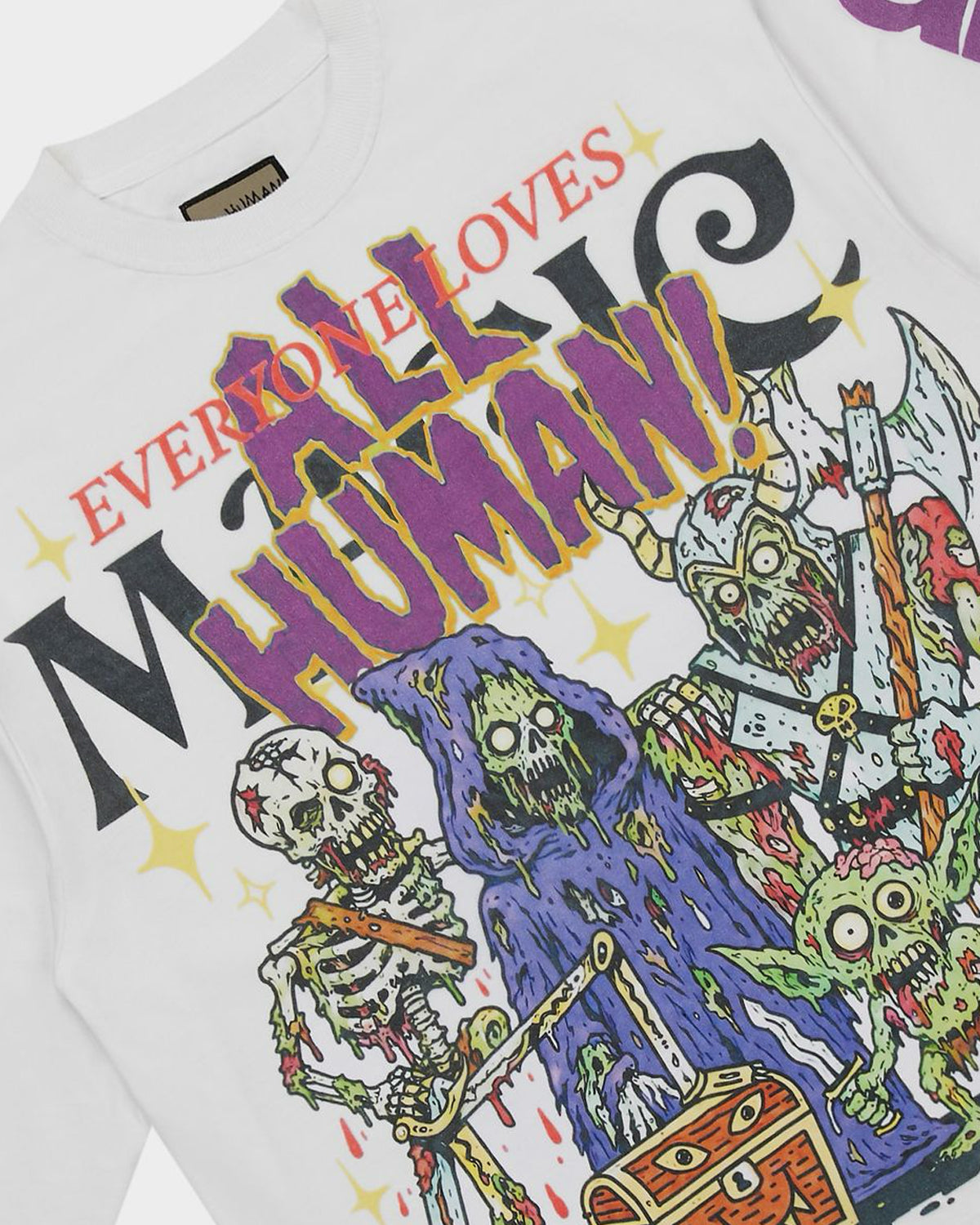 All Human The Gathering L/S Tee white, close-up of the Everyone Loves Magic crew graphic