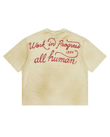 All Human The Pines Tee Cream, back view with Work in Progress 1994 script in red