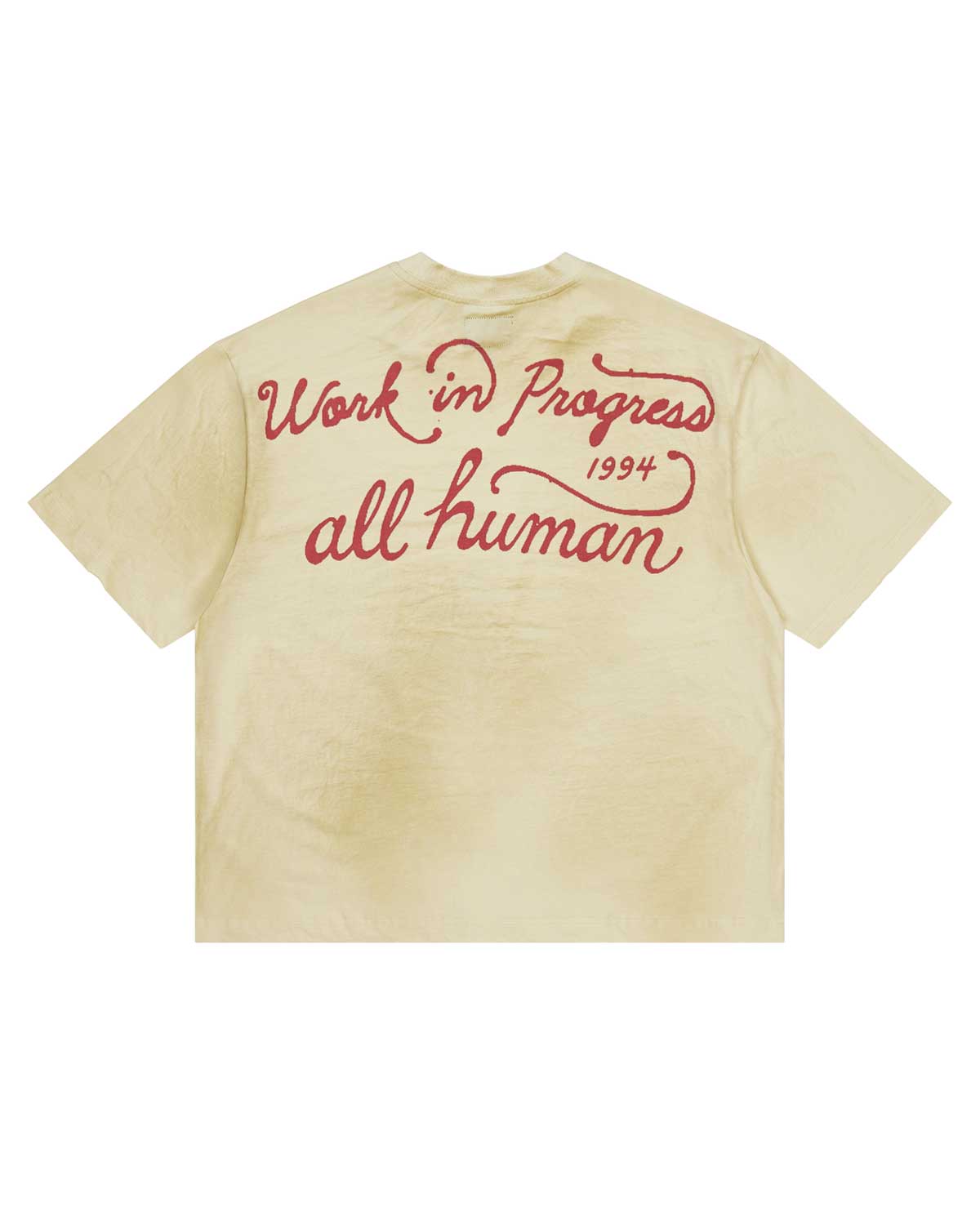 All Human The Pines Tee Cream, back view with Work in Progress 1994 script in red